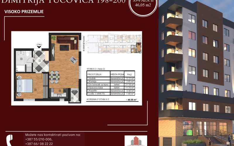 S3-46.05m2-JEDNOIPOSOBAN STAN U IZGRADNJI -VISOKO PRIZEMLJE