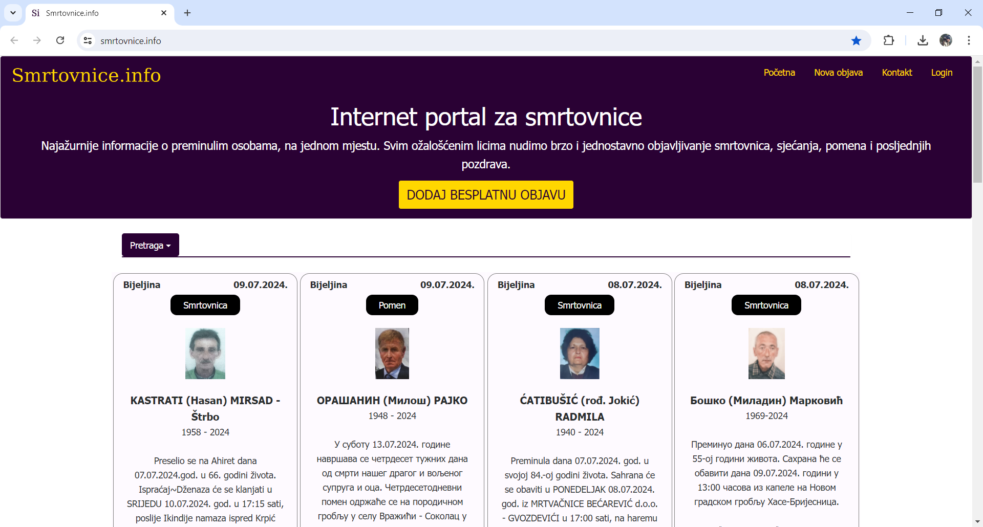 Novi digitalni oglasni prostor za objavljivanje smrtovnica: Počeo sa radom portal smrtovnice.info