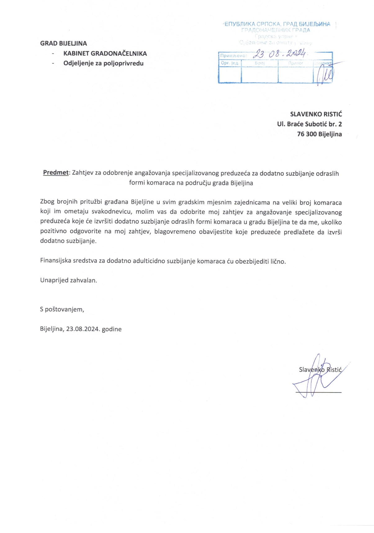 Bijeljina: Slavenko Ristić želi da finansira dodatno zaprašivanje komaraca