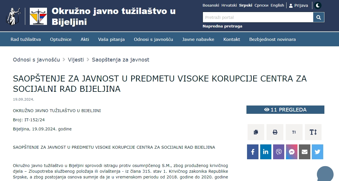 Predmet Sofrenić: Saopštenje za javnost u predmetu visoke korupcije Centra za socijalni rad Bijeljina