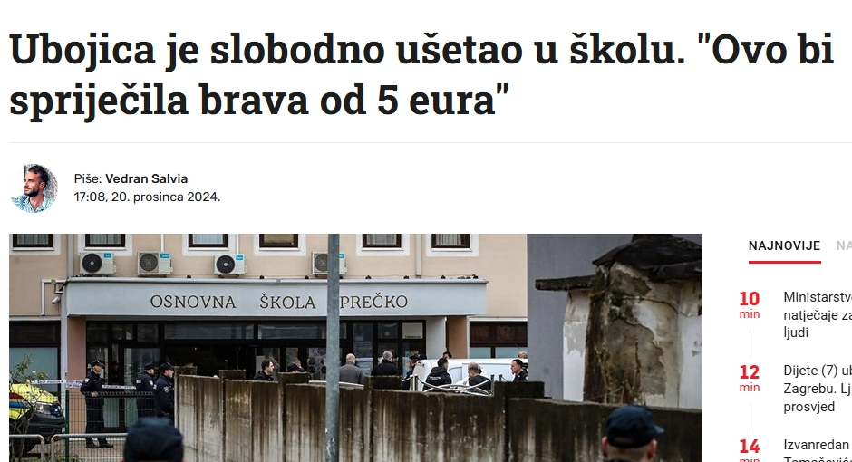 Hrvatski mediji: "Ubica je slobodno ušetao u školu - ovo bi spriječila brava od 5 eura"