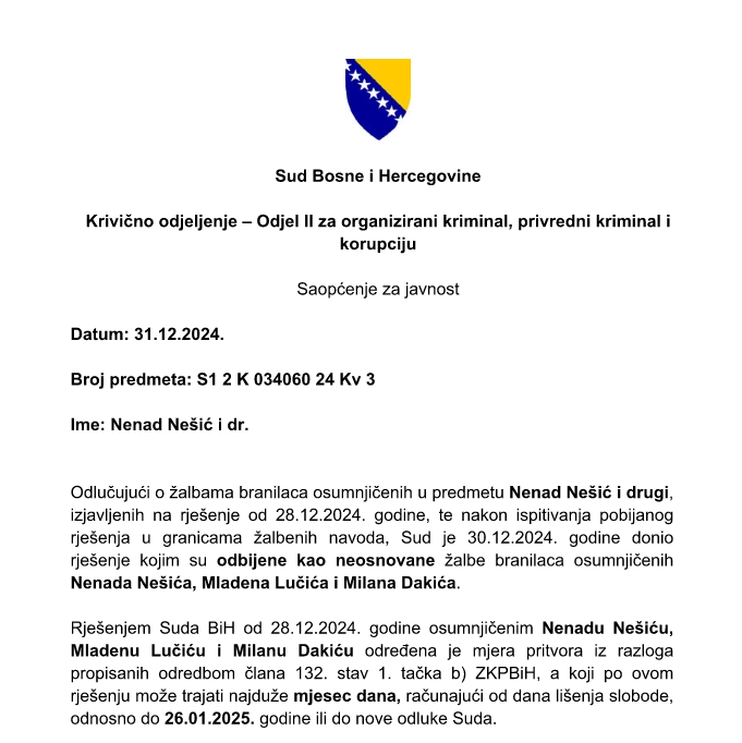 Sud BIH: Odbijene žalbe Nešića, Lučića i Dakića