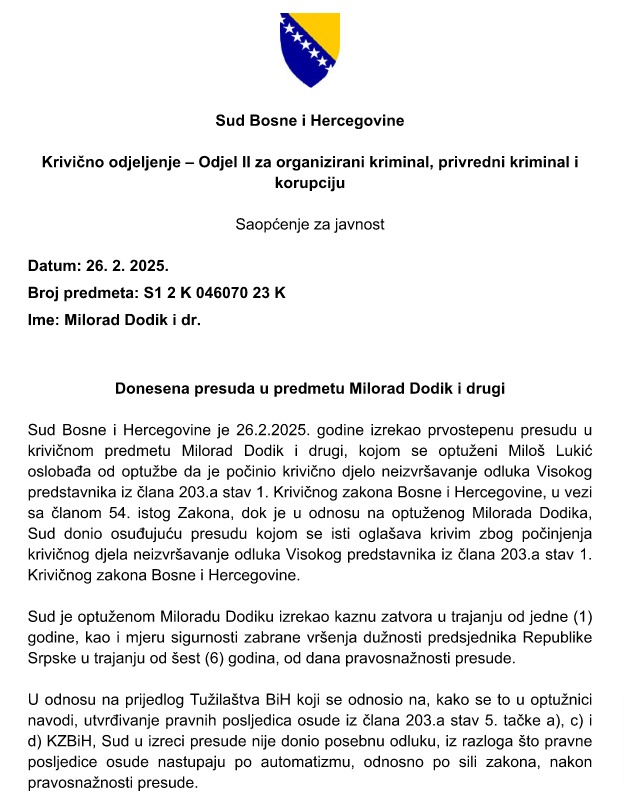 Saopštenje Suda BiH povodom izricanja presude u predmetu Milorad Dodik i drugi