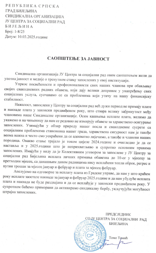 Bijeljina: Sindikalna organizacija "Centra za socijalni rad" uputila saopštenje za javnost