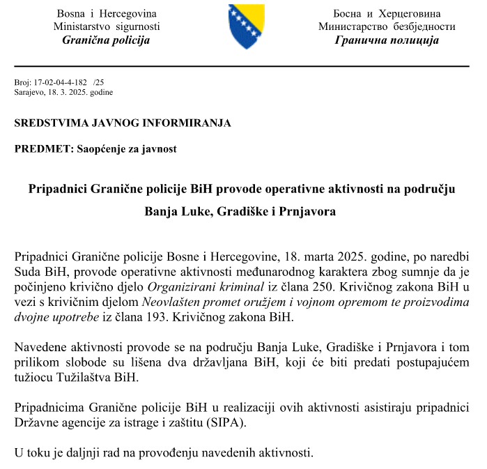 Oglasili se i iz Granične policije o današnjoj akciji