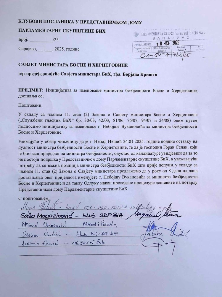 Opozicija će predložiti Vukanovića za ministra bezbjednosti BiH