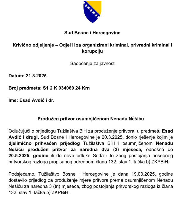 Produžen pritvor Nenadu Nešiću za još dva mjeseca