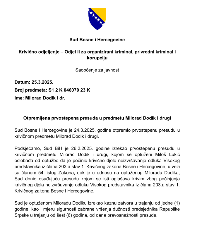 Sud BiH otpremio prvostepenu presudu Miloradu Dodiku