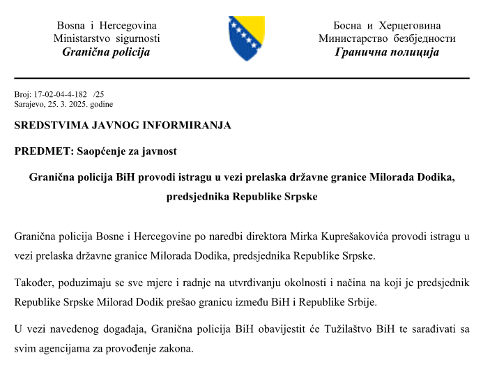 Granična policija: Istražujemo kako je Milorad Dodik prešao državnu granicu