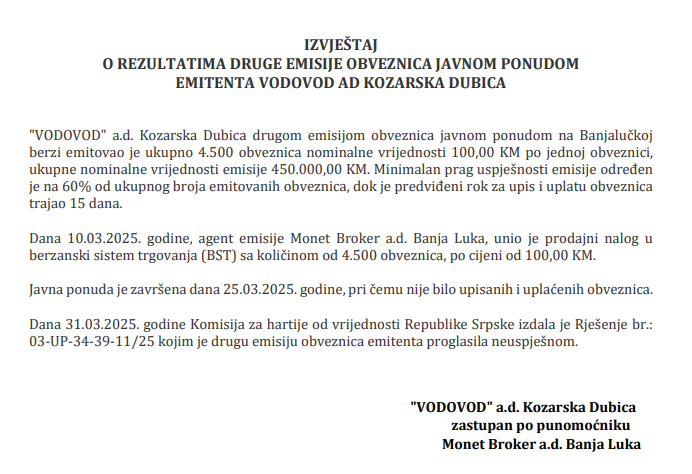 Kozarska Dubica: Emitovali 4.500 obveznica, nisu prodali nijednu