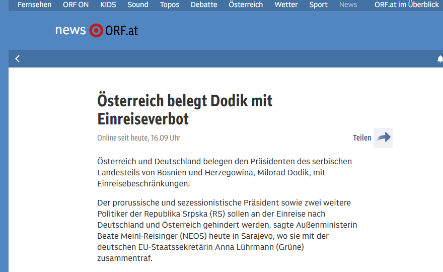 Austrija i Njemačka uvode sankcije Dodiku, Stevandiću i Viškoviću?