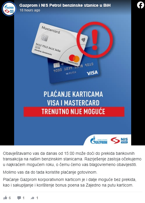 Na Gazprom pumpama u BiH plaćanje samo gotovinom