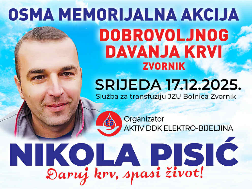Osma memorijalna akcija darivanja krvi „Nikola Pisić“ 17. decembra u Zvorniku