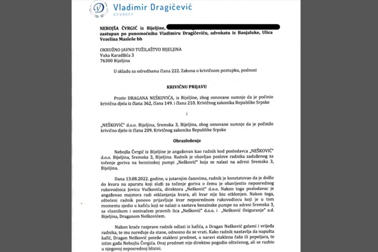 Detalji krivične prijave radnika pumpe protiv Neškovića