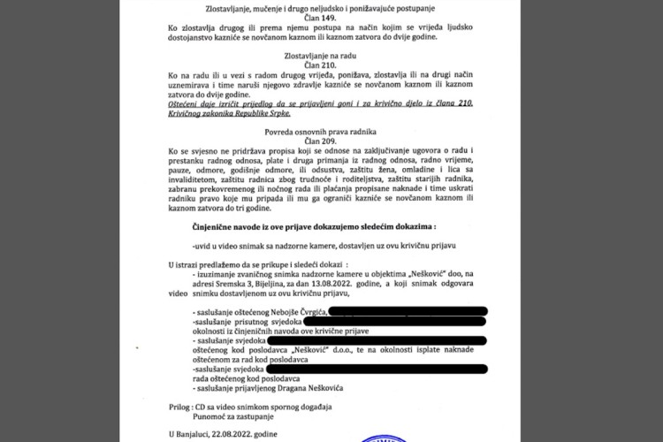 Detalji krivične prijave radnika pumpe protiv Neškovića