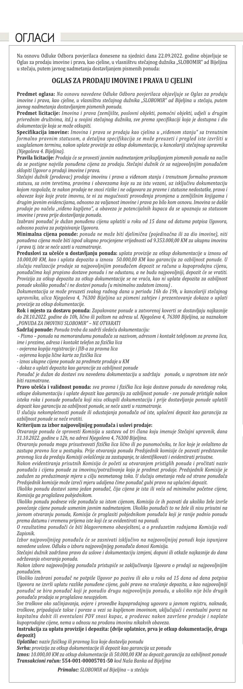 Ponovo oglašena prodaja imovine i prava Slobomira po duplo nižoj cijeni