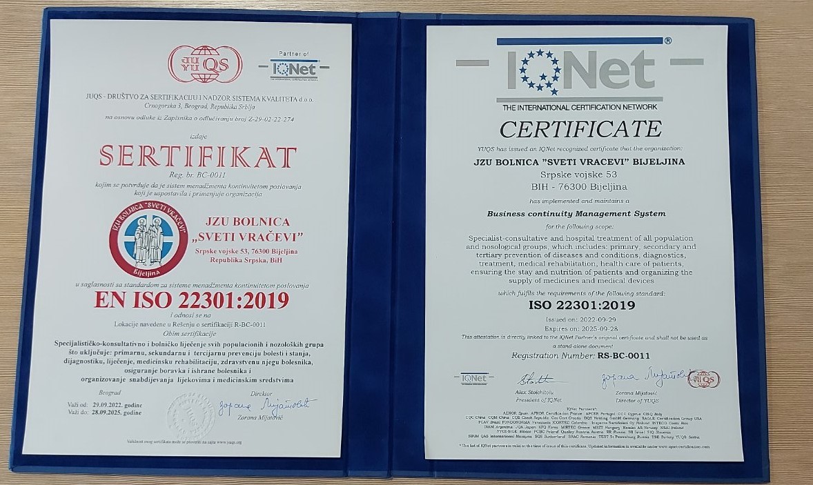 Bijeljinska Bolnica prva u BiH koja je uvela standard ISO 22301