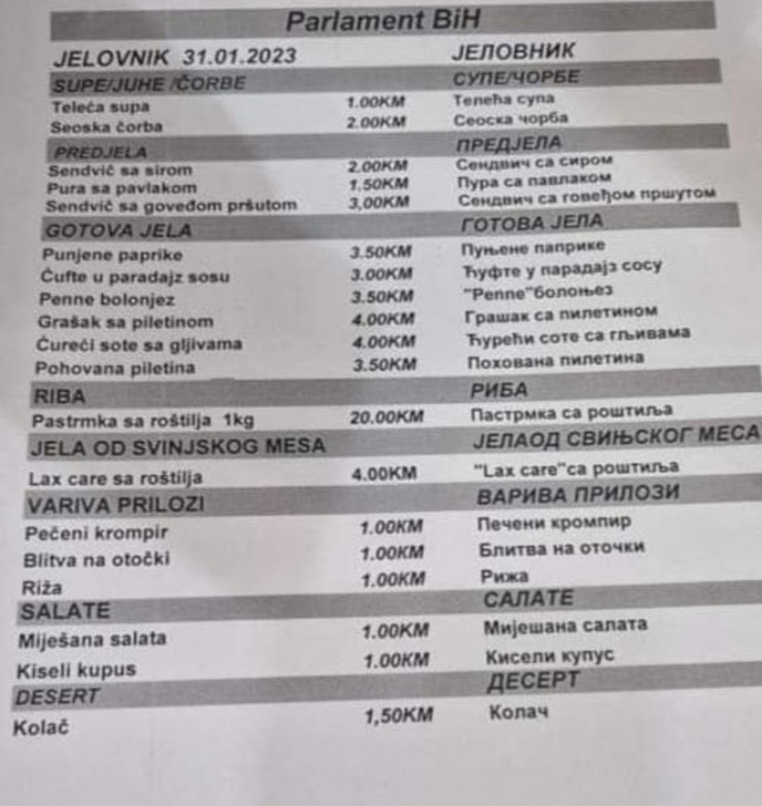 Jede se kvalitetno, a jeftino: Poskupljenje hrane nije uticalo na jelovnik u Parlamentu BiH