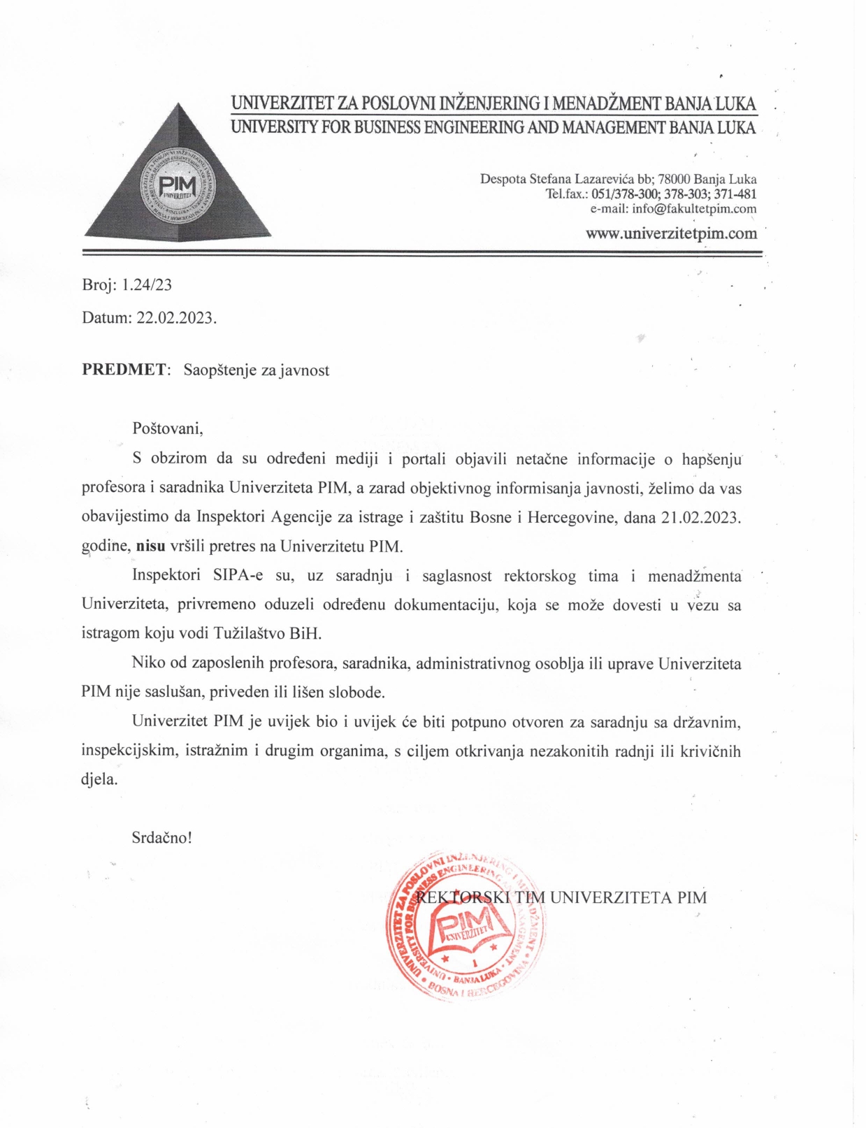 UNIVERZITET PIM DEMANTUJE MEDIJE: Inspektori SIPA-e nisu vršili pretres na Univerzitetu