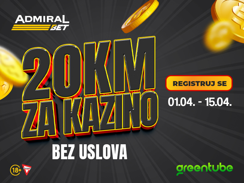 AdmiralBet poklanja bonus dobrodošlice od 20KM BEZ USLOVA za GreenTube casino igre!