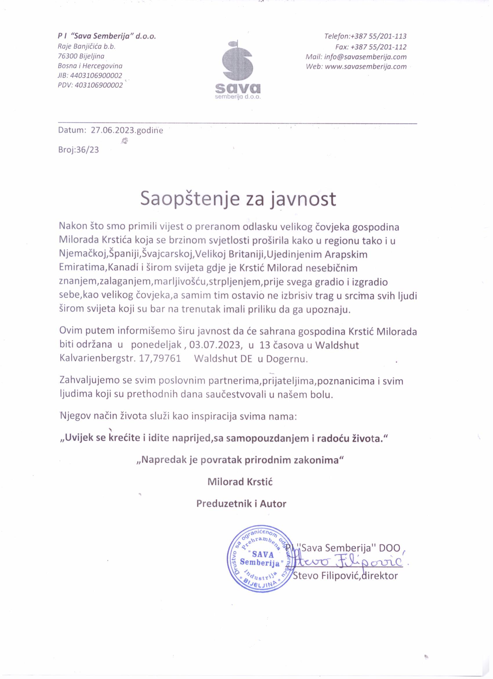 U ponedeljak u Dogernu sahrana Milorada Krstića