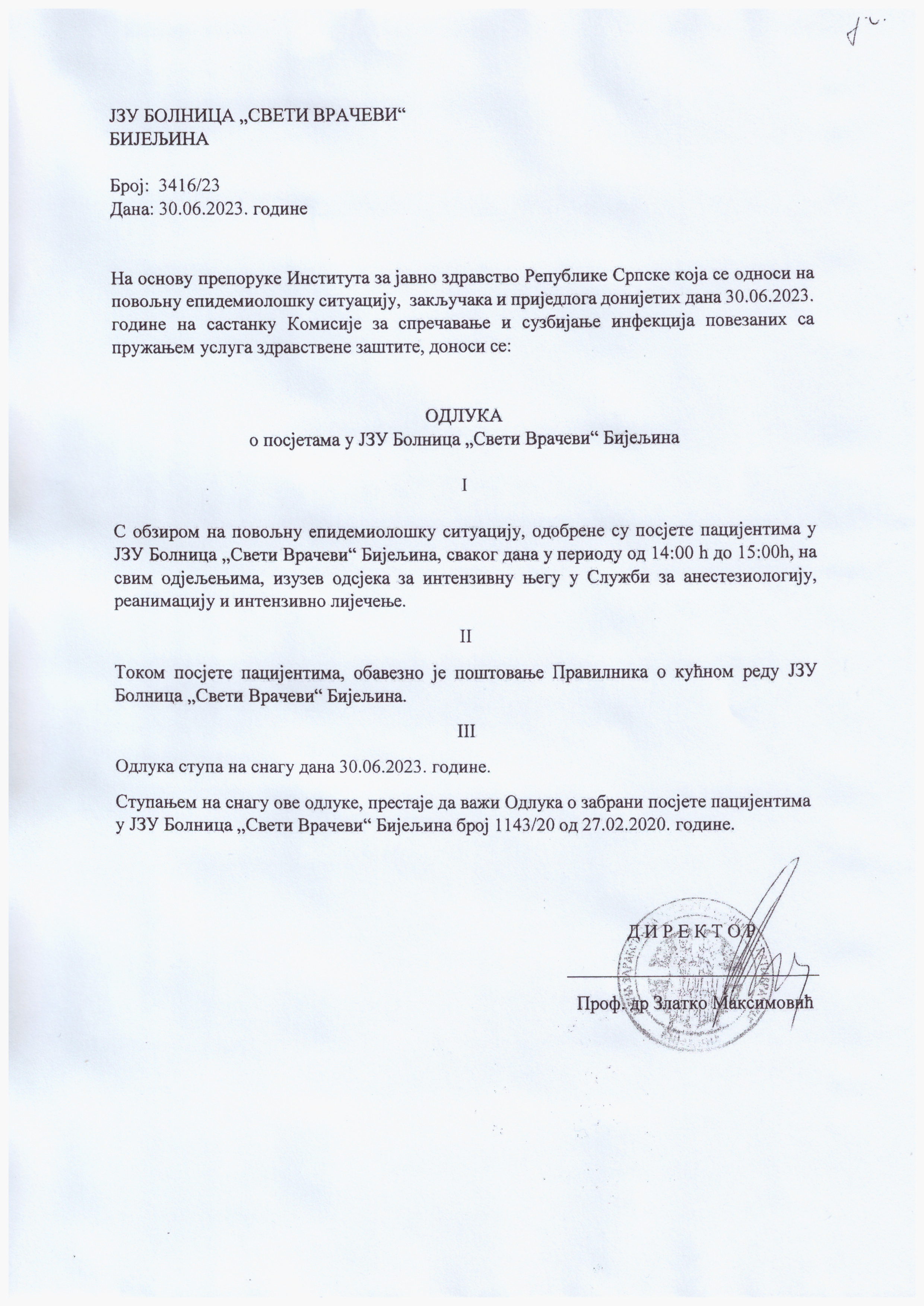 Bolnica Bijeljina: Dozvoljene svakodnevne posjete na svim odjeljenjima