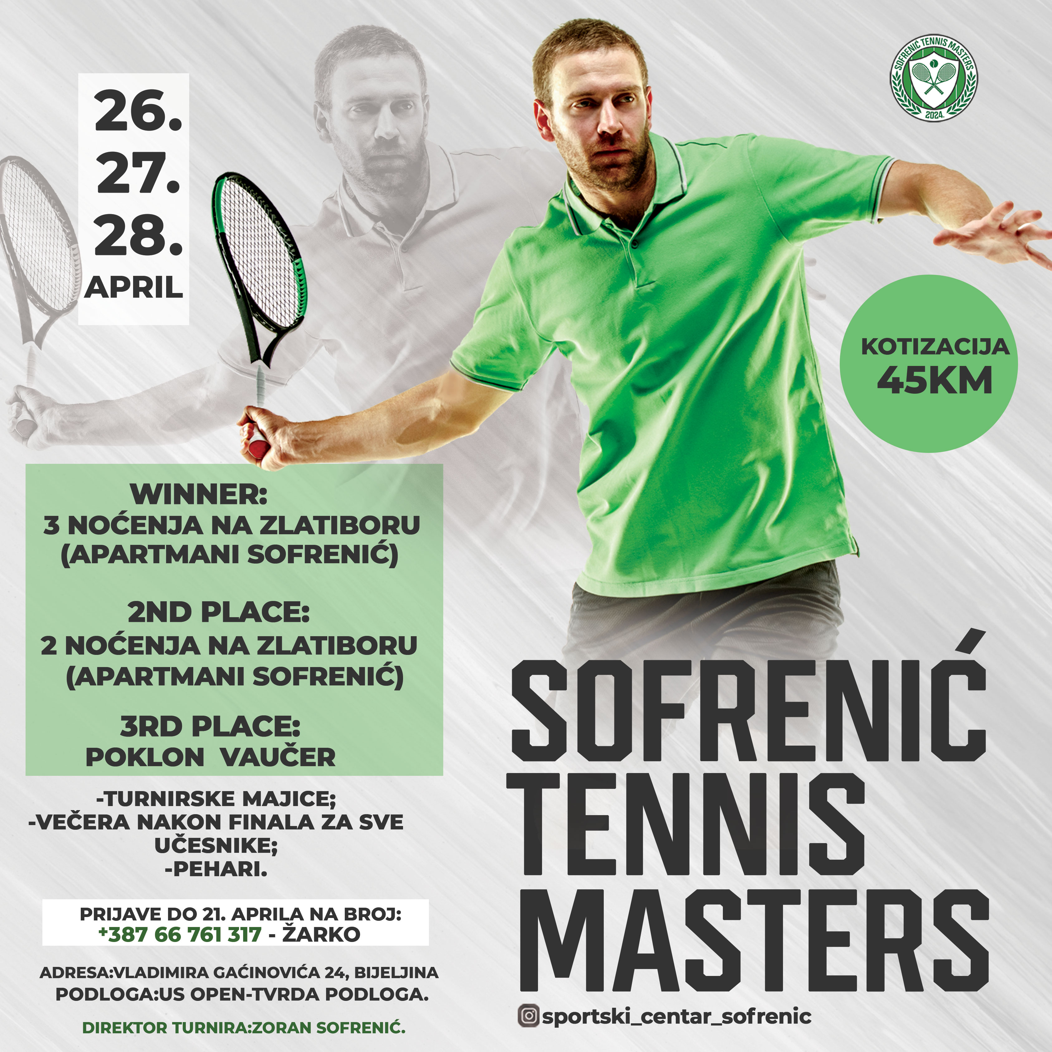 Teniski turnir "Sofrenić Tennis Masters" od 26. do 28. aprila u Bijeljini